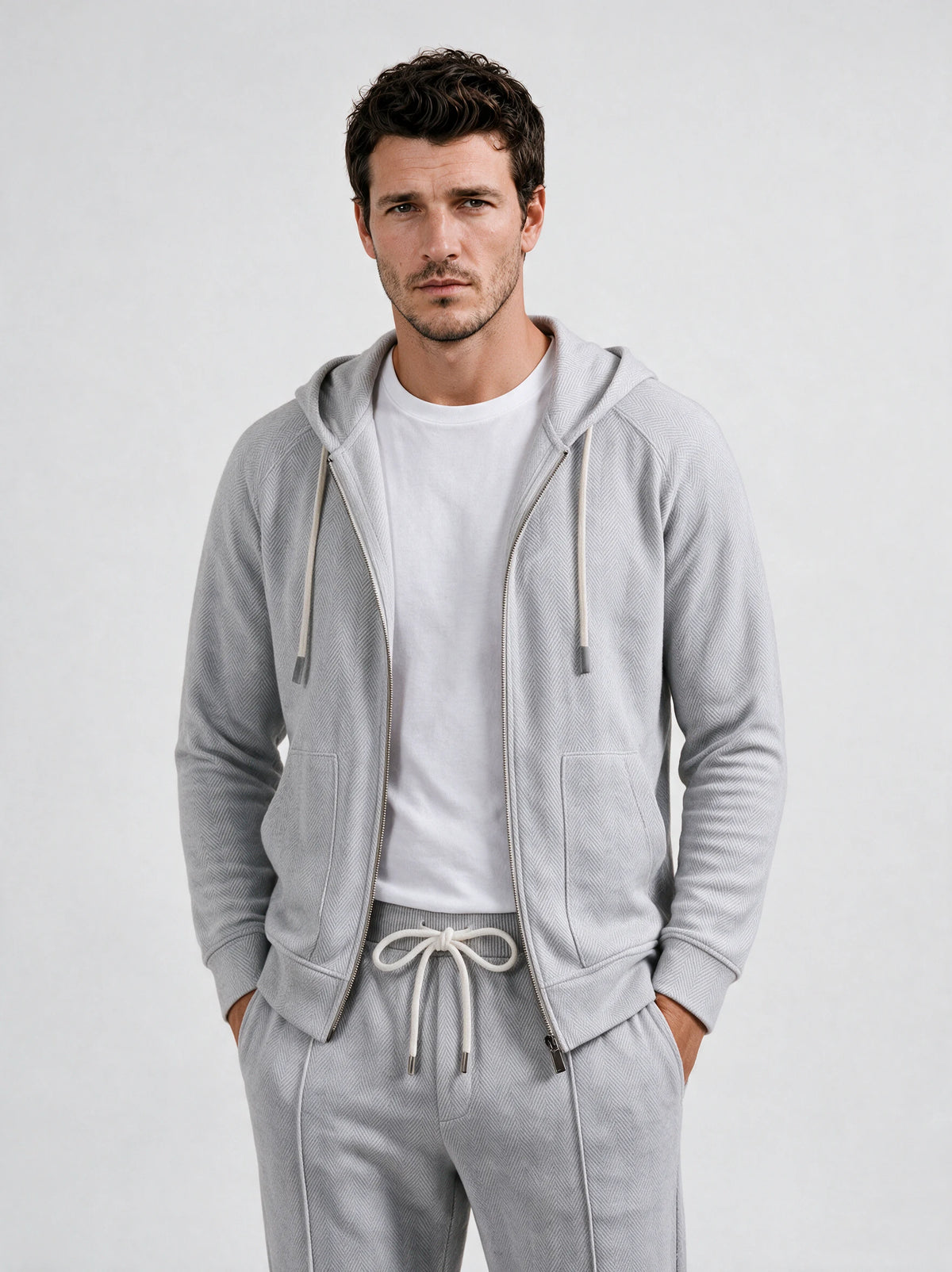 Ice grey herringbone jersey jogger pants - Made in Italy