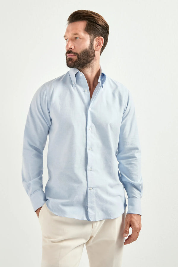 Chemise à col boutonné en oxford à rayures bleu clair - Fabriquée en Italie