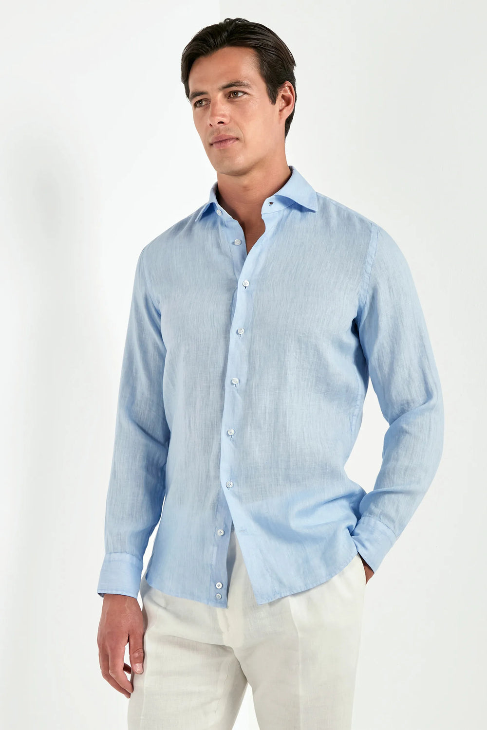 light blue linen shirt, men's blue linen shirt, italian linen shirt, garment dyed linen shirt, luxury men's shirt, elegant men's shirt, refined linen shirt, tailored blue shirt, premium italian shirt, sophisticated men's summer shirt, timeless italian shirt, upscale men's linen shirt, classic light blue linen shirt, italian craftsmanship shirt, premium men's linen shirt, refined italian linen shirt