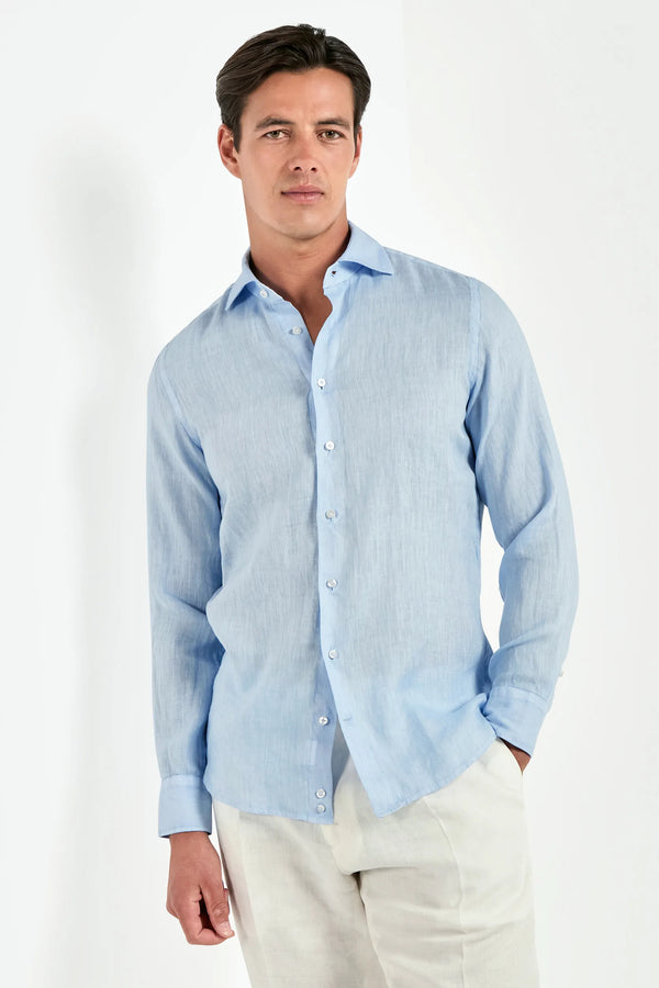 light blue linen shirt, men's blue linen shirt, italian linen shirt, garment dyed linen shirt, luxury men's shirt, elegant men's shirt, refined linen shirt, tailored blue shirt, premium italian shirt, sophisticated men's summer shirt, timeless italian shirt, upscale men's linen shirt, classic light blue linen shirt, italian craftsmanship shirt, premium men's linen shirt, refined italian linen shirt