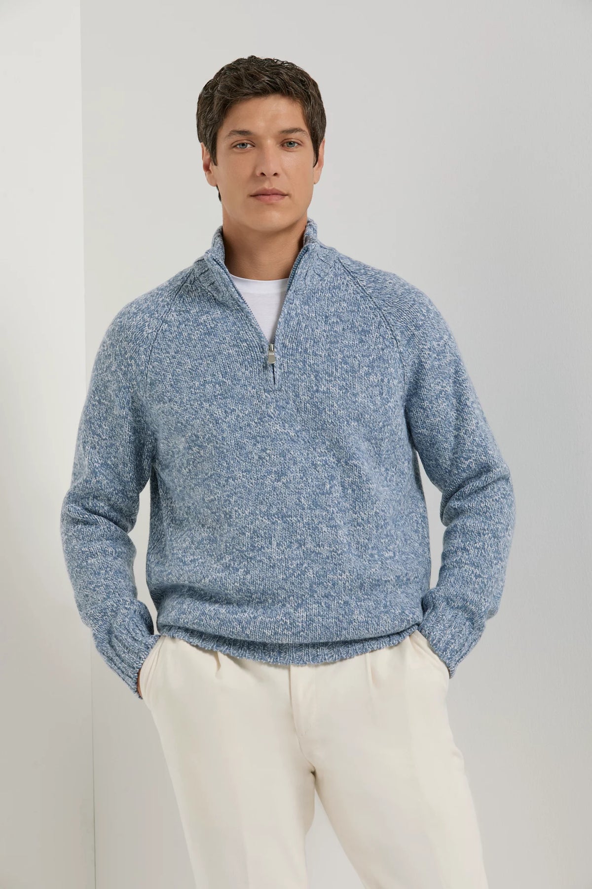men pini parma light blue half zip sweater made in italy by gran sasso 
