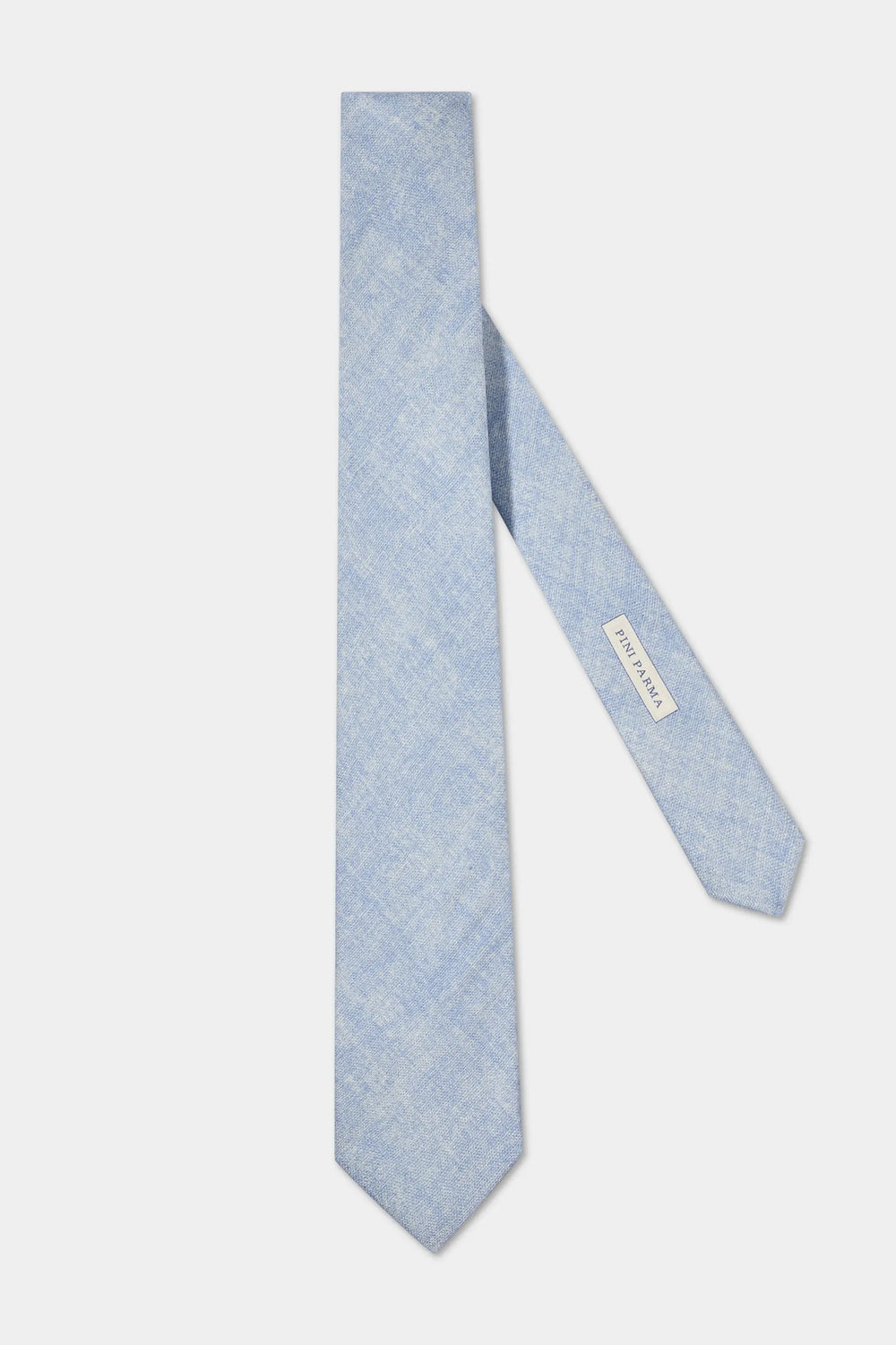 Light blue tie with a brand label on a white background