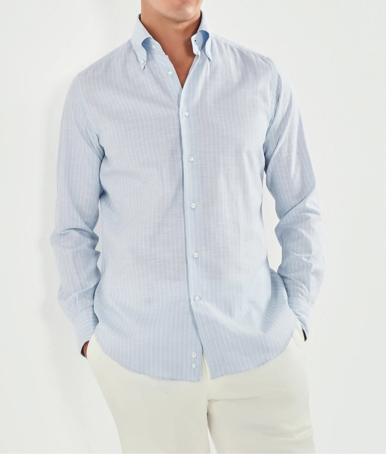 Pini Parma men made in italy light blue striped chambray button down shirt 