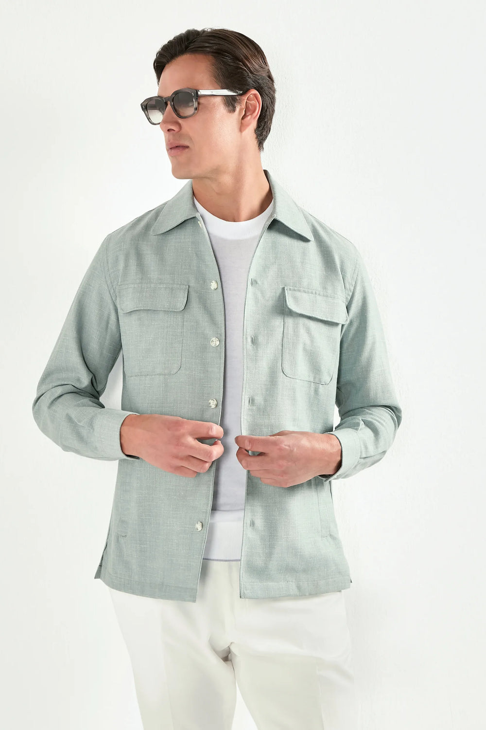 Men Pini Parma light green overshirt made in italy in wool, silk and linen 