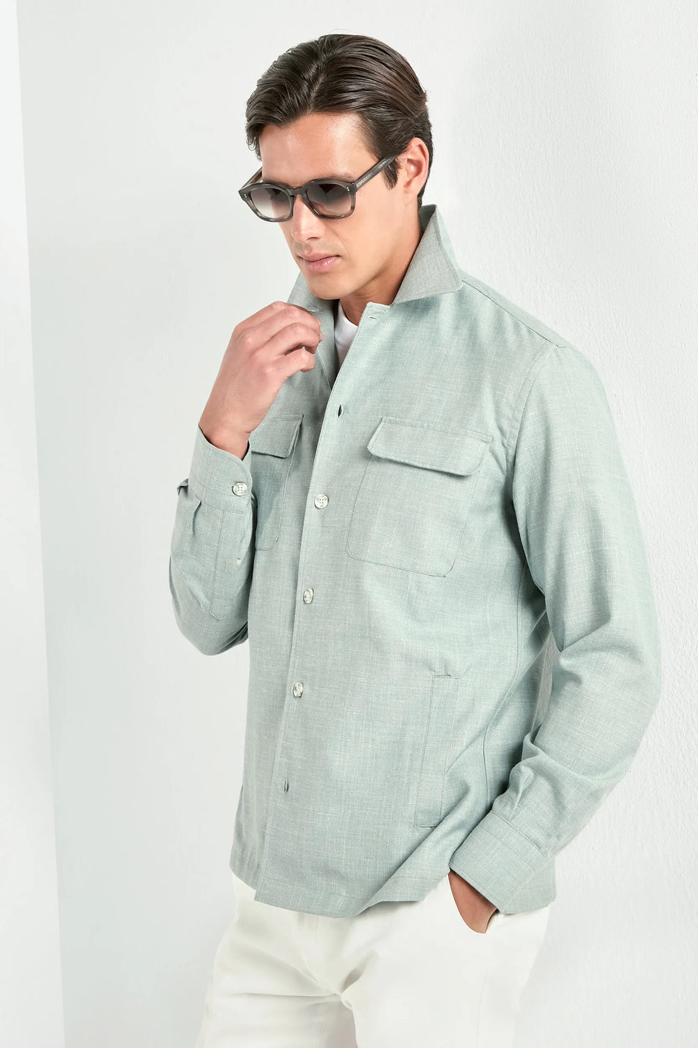 Men Pini Parma light green overshirt made in italy in wool, silk and linen 