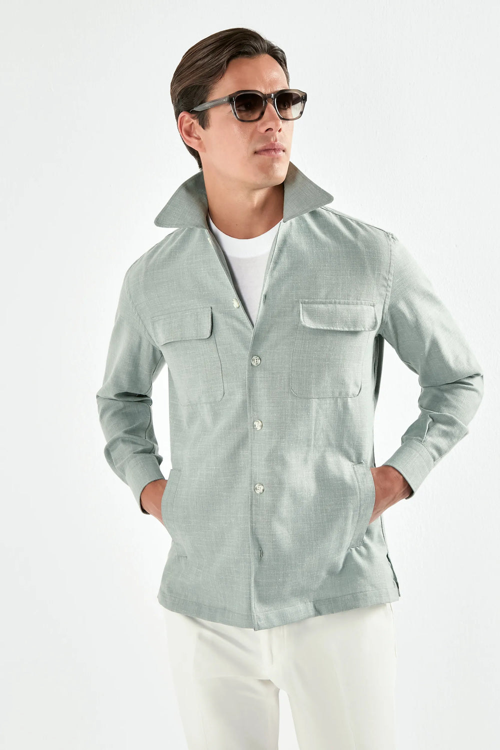 Men Pini Parma light green overshirt made in italy in wool, silk and linen 