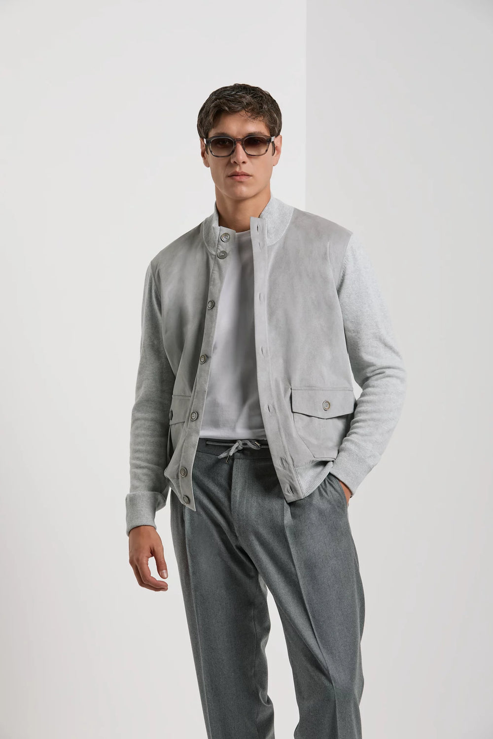 Cardigan en alcantara et laine gris clair - Made in Italy