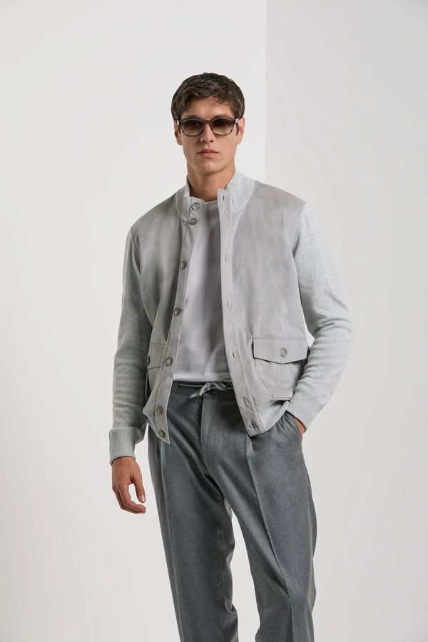 Cardigan en alcantara et laine gris clair - Made in Italy