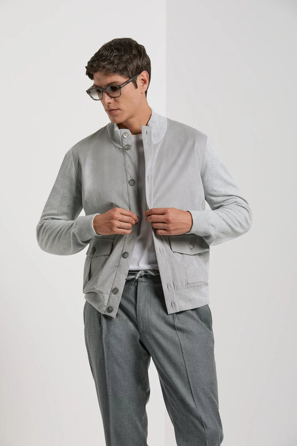 Cardigan en alcantara et laine gris clair - Made in Italy