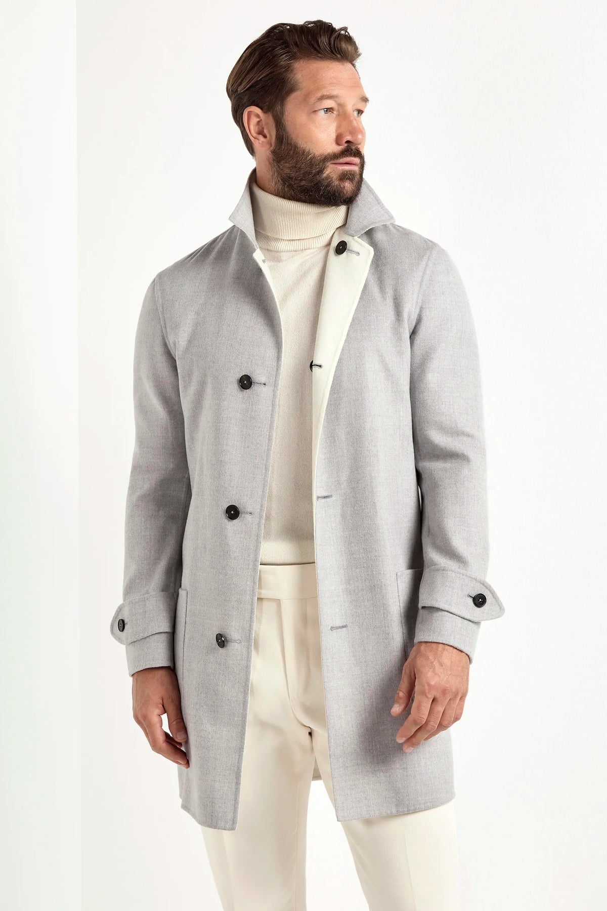 light grey reversible coat, men's reversible coat, italian wool coat, grey and white coat, luxury men's overcoat, elegant men's coat, refined reversible coat, tailored grey coat, premium italian coat, sophisticated men's outerwear, timeless italian overcoat, upscale men's coat, classic reversible overcoat, italian craftsmanship coat, premium men's wool coat, refined italian overcoat