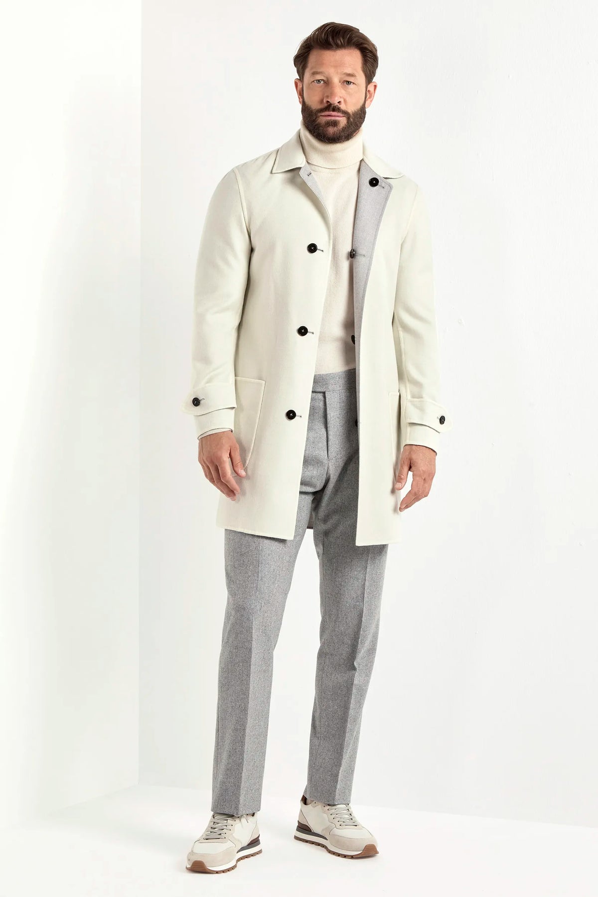 light grey reversible coat, men's reversible coat, italian wool coat, grey and white coat, luxury men's overcoat, elegant men's coat, refined reversible coat, tailored grey coat, premium italian coat, sophisticated men's outerwear, timeless italian overcoat, upscale men's coat, classic reversible overcoat, italian craftsmanship coat, premium men's wool coat, refined italian overcoat