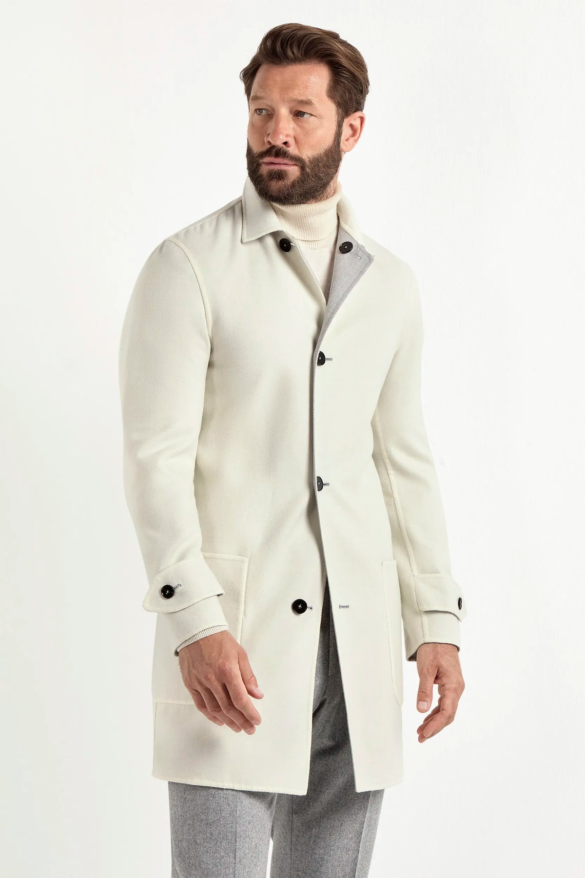 light grey reversible coat, men's reversible coat, italian wool coat, grey and white coat, luxury men's overcoat, elegant men's coat, refined reversible coat, tailored grey coat, premium italian coat, sophisticated men's outerwear, timeless italian overcoat, upscale men's coat, classic reversible overcoat, italian craftsmanship coat, premium men's wool coat, refined italian overcoat