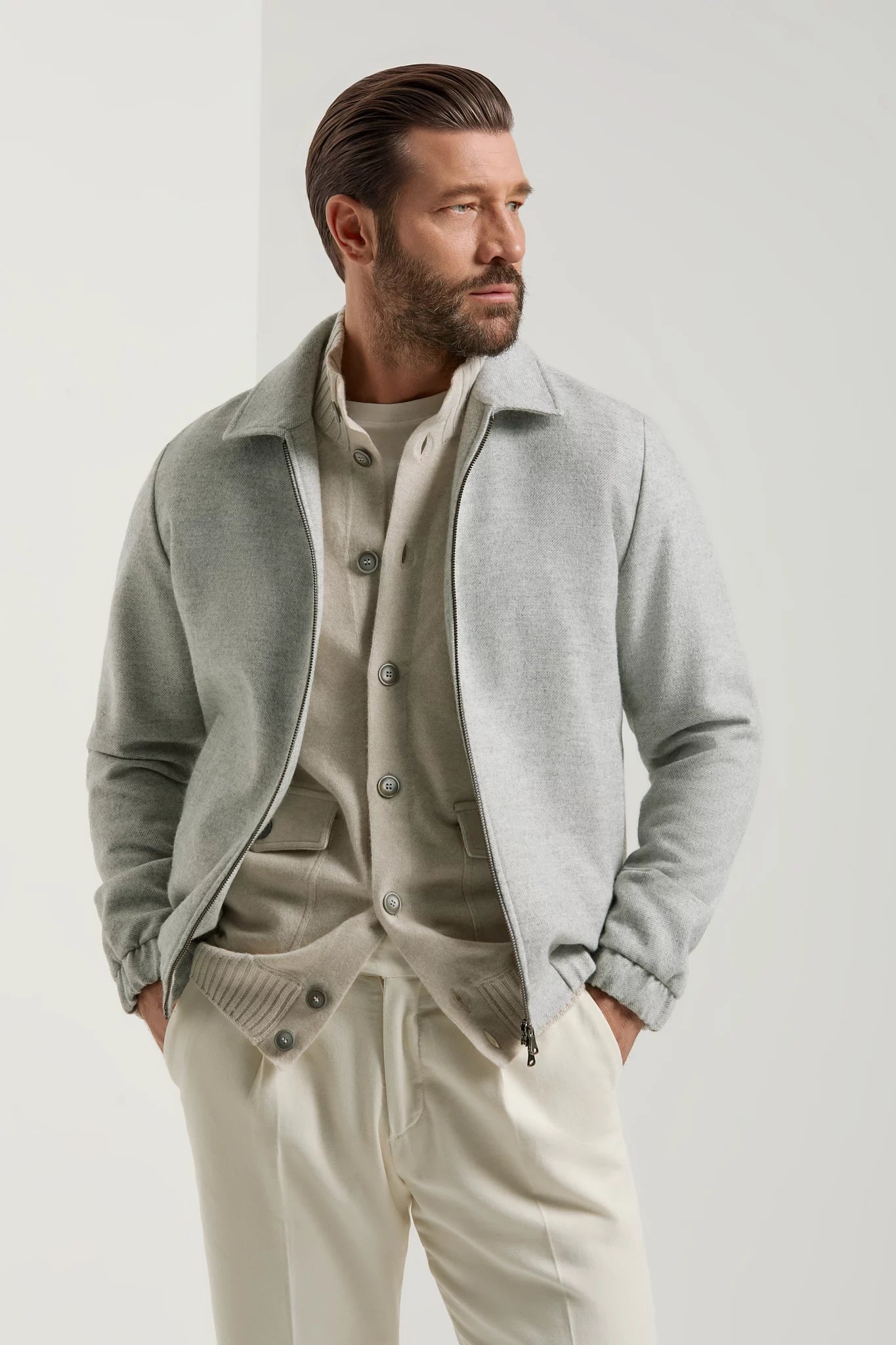 men pini parma light grey bomber with herringone made in italy in wool