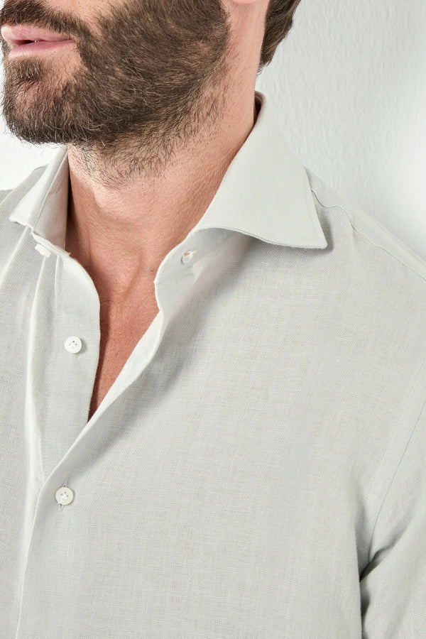 light grey linen shirt, men's grey linen shirt, italian linen shirt, light grey summer shirt, luxury men's shirt, elegant men's shirt, refined linen shirt, tailored grey shirt, premium italian shirt, sophisticated men's summer shirt, timeless italian shirt, upscale men's linen shirt, classic grey linen shirt, italian craftsmanship shirt, premium men's linen shirt, refined italian linen shirt