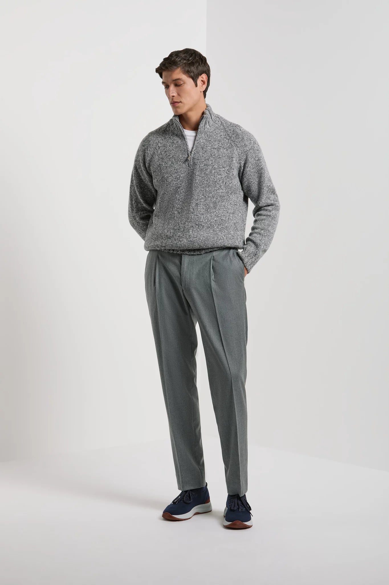 Pini Parma men made in italy light grey mouline half zip sweater wool 