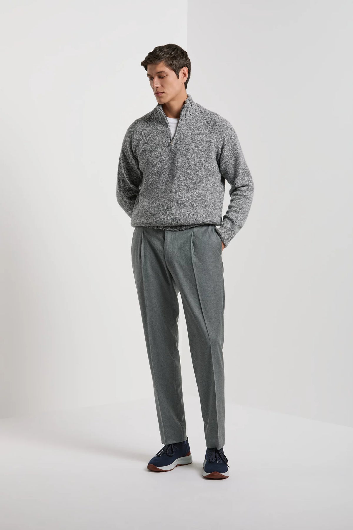Pini Parma men made in italy light grey mouline half zip sweater wool 