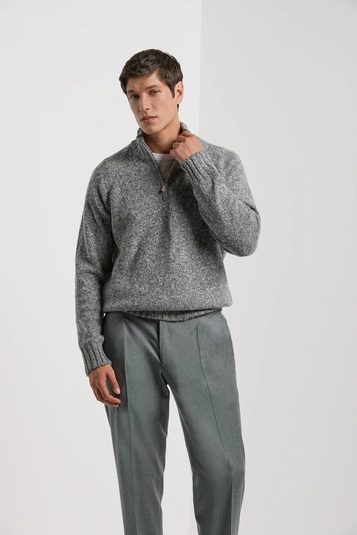 Pini Parma men made in italy light grey mouline half zip sweater wool 