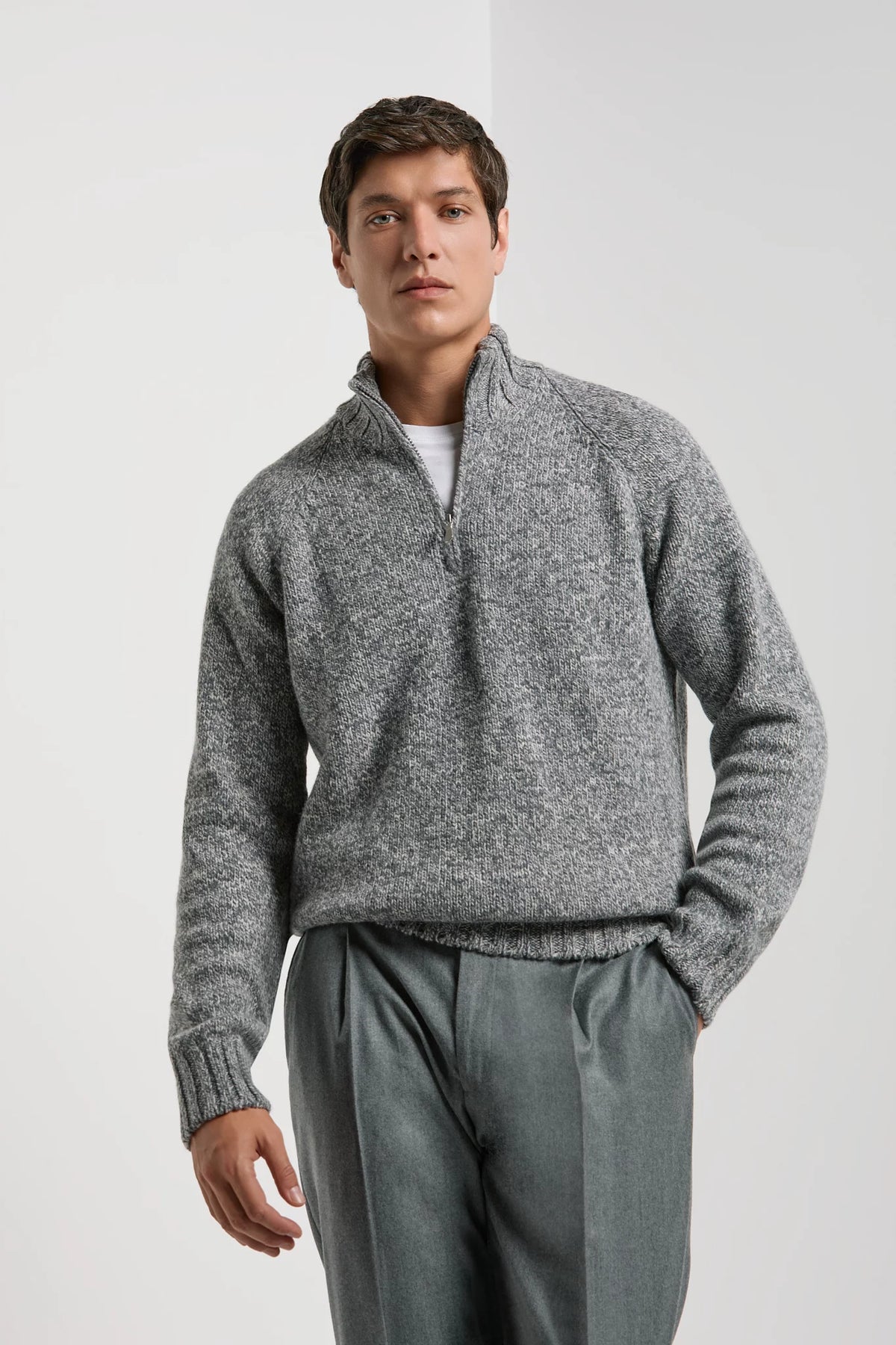 Pini Parma men made in italy light grey mouline half zip sweater wool 