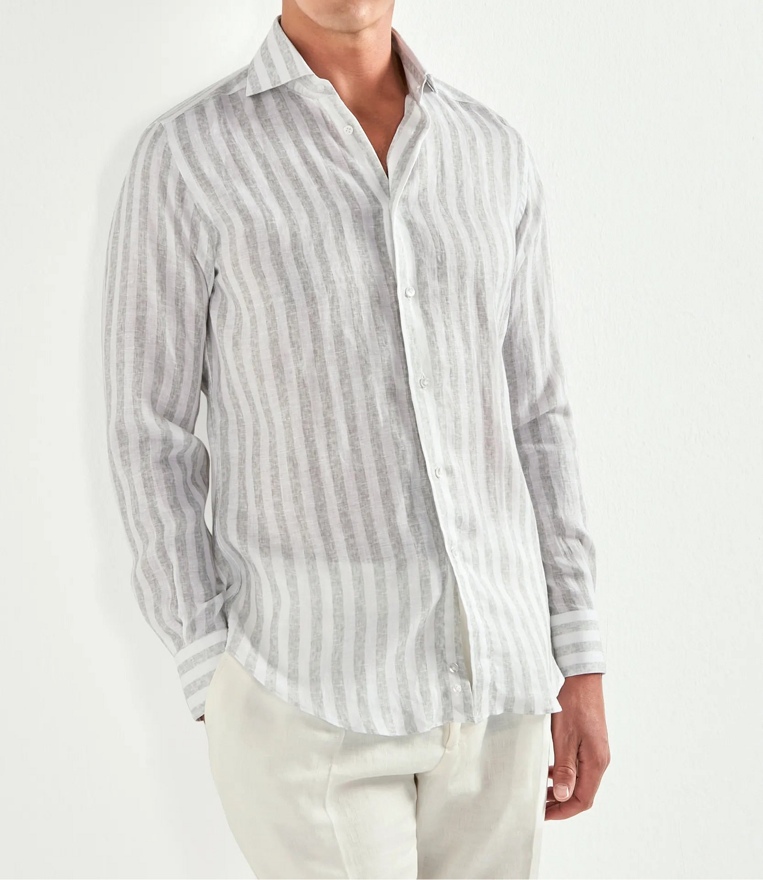 Pini Parma Men made in italy light grey striped linen tencel shirt