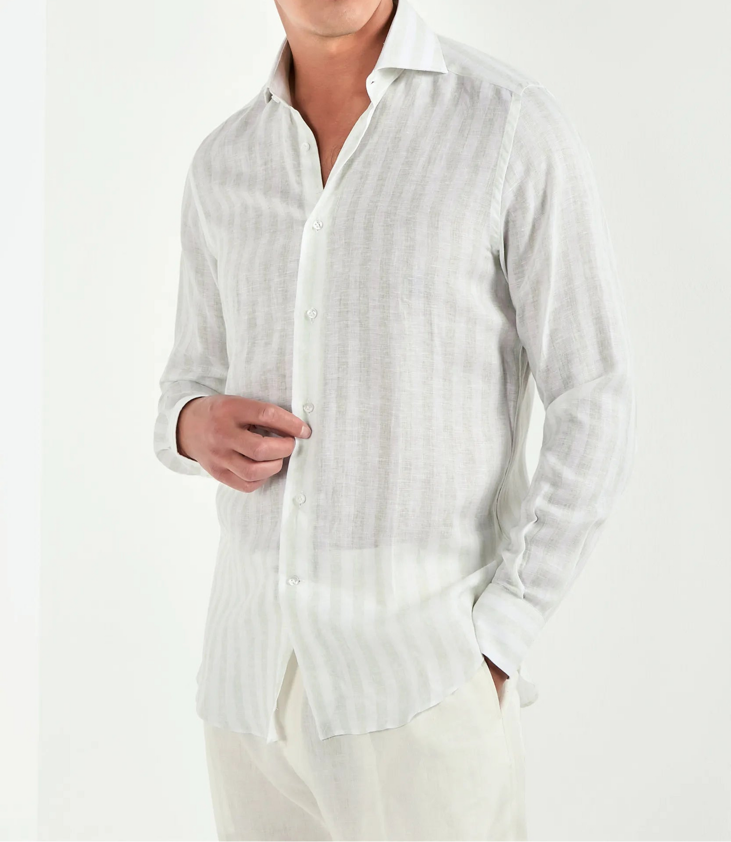 Pini Parma men made in italy light sage striped linen tencel shirt