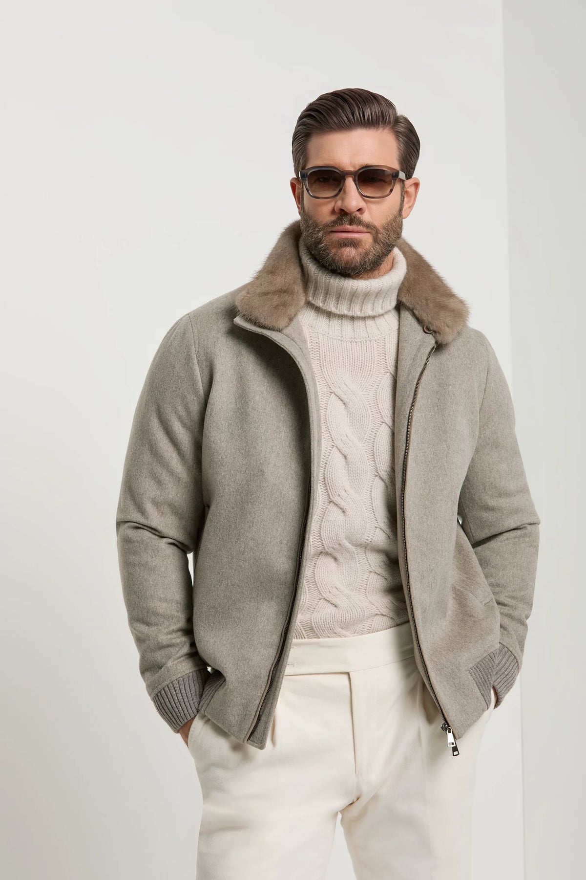 Pini Parma made in Italy men light taupe mink collar bomber outwear