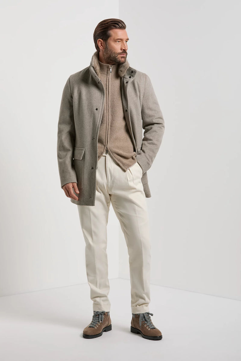 men pini parma light taupe coat made in italy with removable mink collar and loro piana fabric 