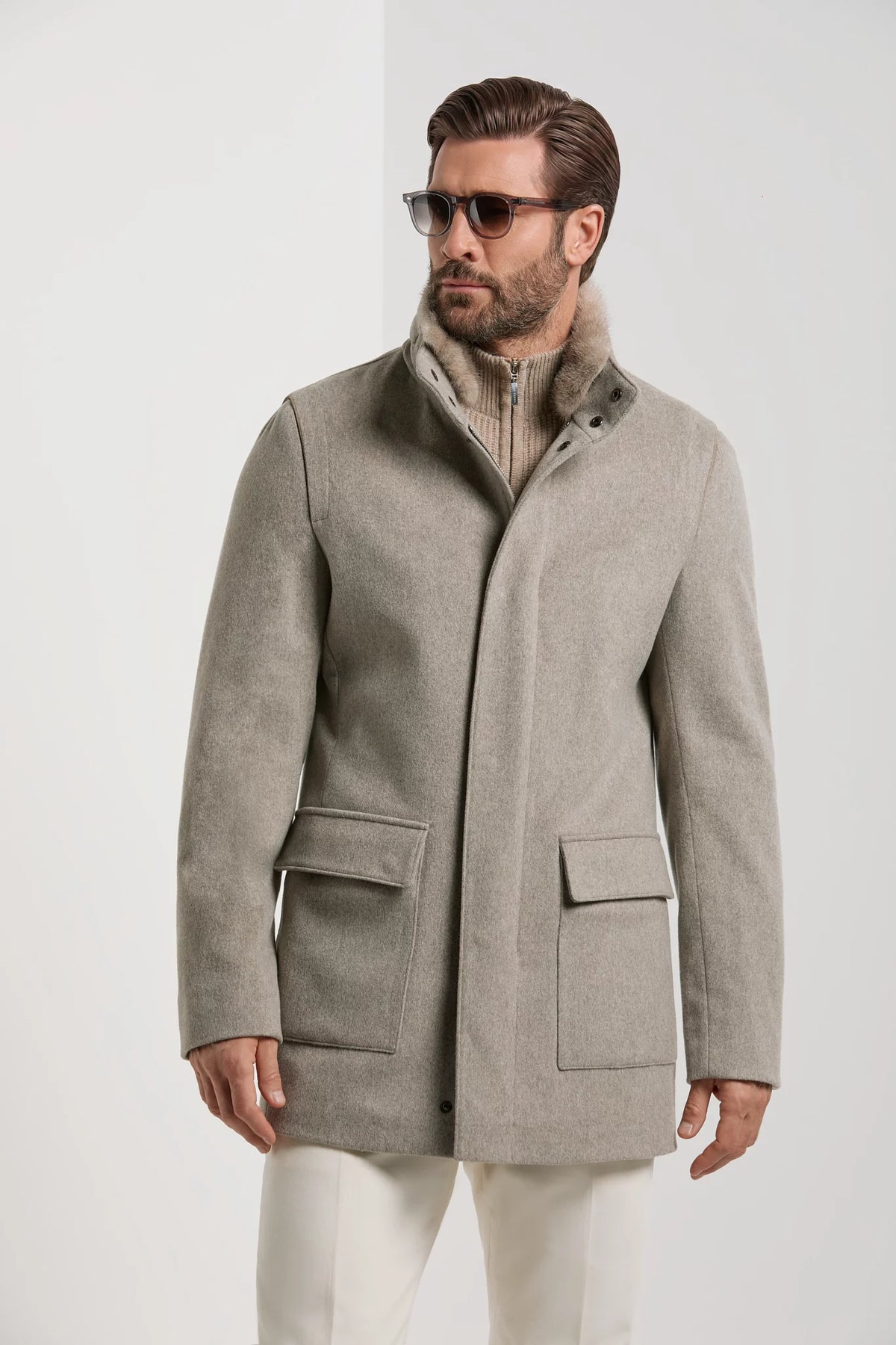 men pini parma light taupe coat made in italy with removable mink collar and loro piana fabric 