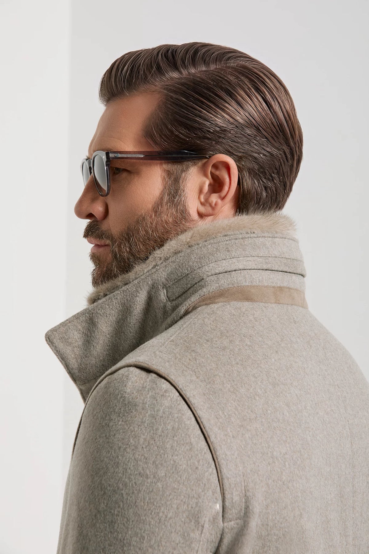 men pini parma light taupe coat made in italy with removable mink collar and loro piana fabric 