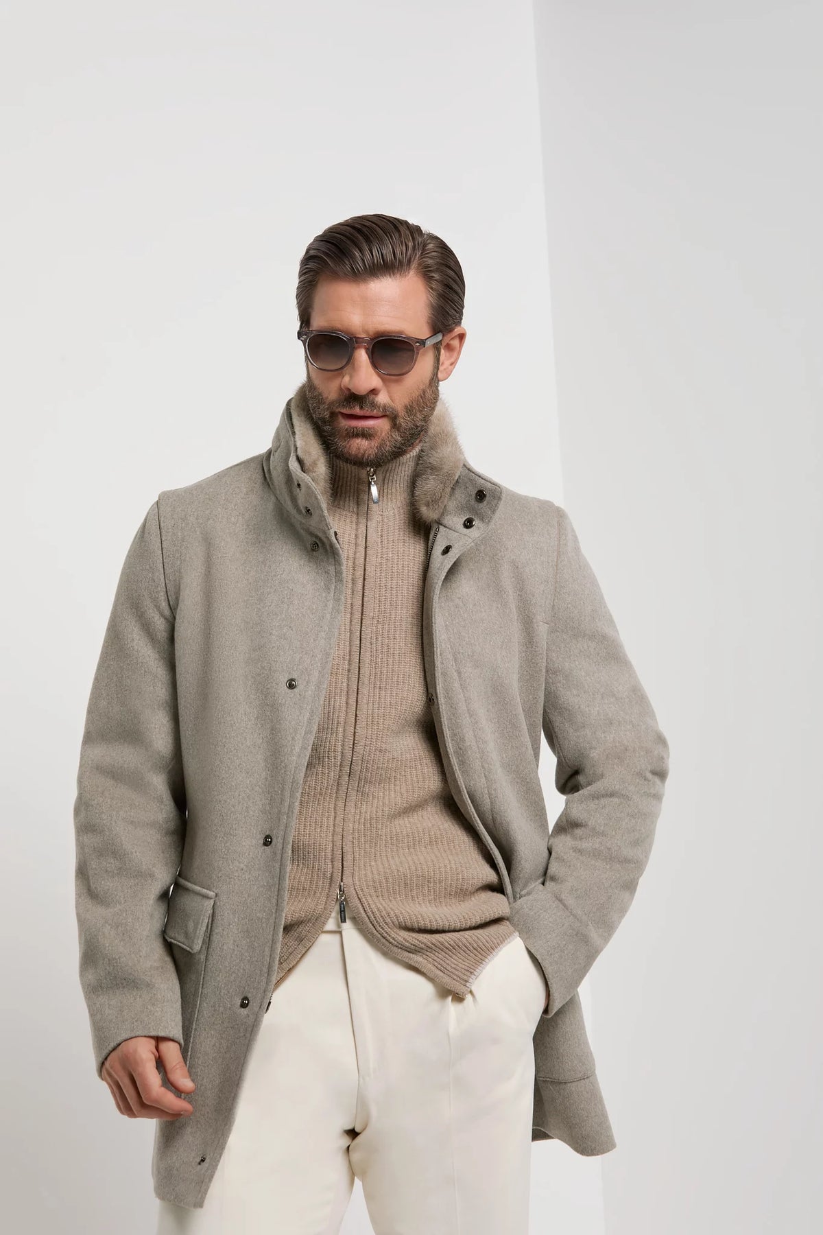 men pini parma light taupe coat made in italy with removable mink collar and loro piana fabric 