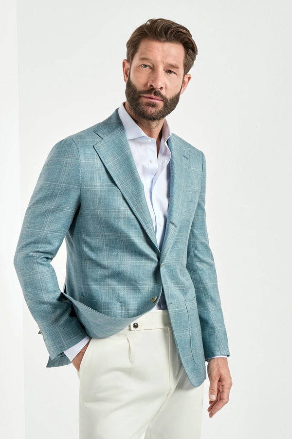 Men Pini Parma teal neapolitan single breasted jacket made in italy in wool, silk and linen by Loro Piana