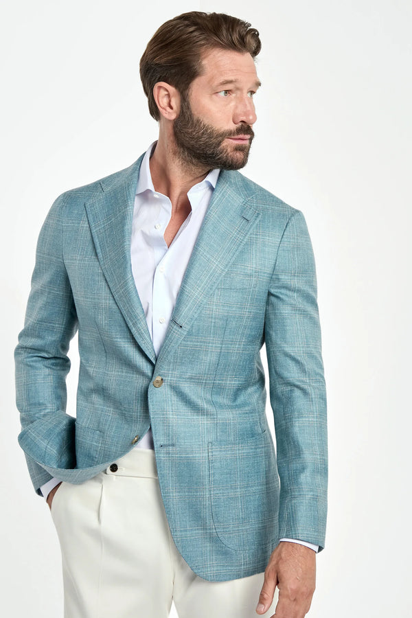 Men Pini Parma teal neapolitan single breasted jacket made in italy in wool, silk and linen by Loro Piana