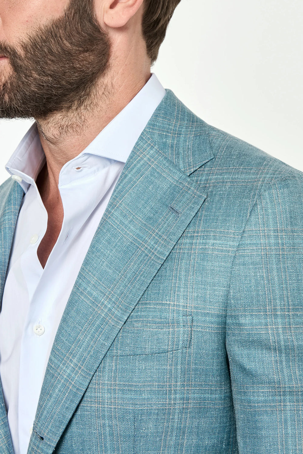 Men Pini Parma teal neapolitan single breasted jacket made in italy in wool, silk and linen by Loro Piana
