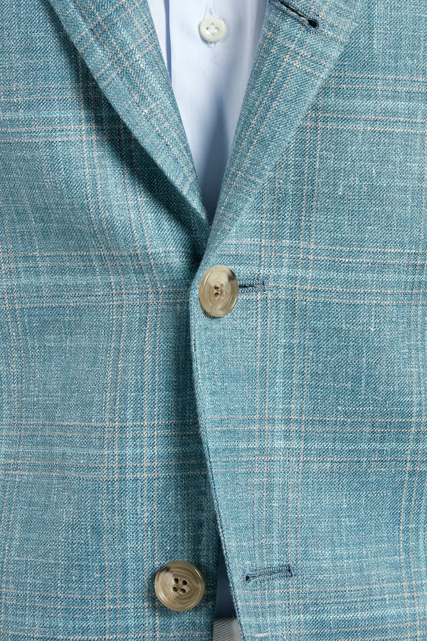 Men Pini Parma teal neapolitan single breasted jacket made in italy in wool, silk and linen by Loro Piana