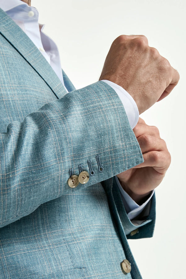 Men Pini Parma teal neapolitan single breasted jacket made in italy in wool, silk and linen by Loro Piana