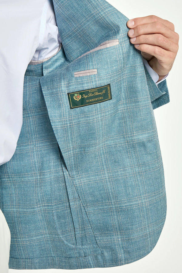 Men Pini Parma teal neapolitan single breasted jacket made in italy in wool, silk and linen by Loro Piana