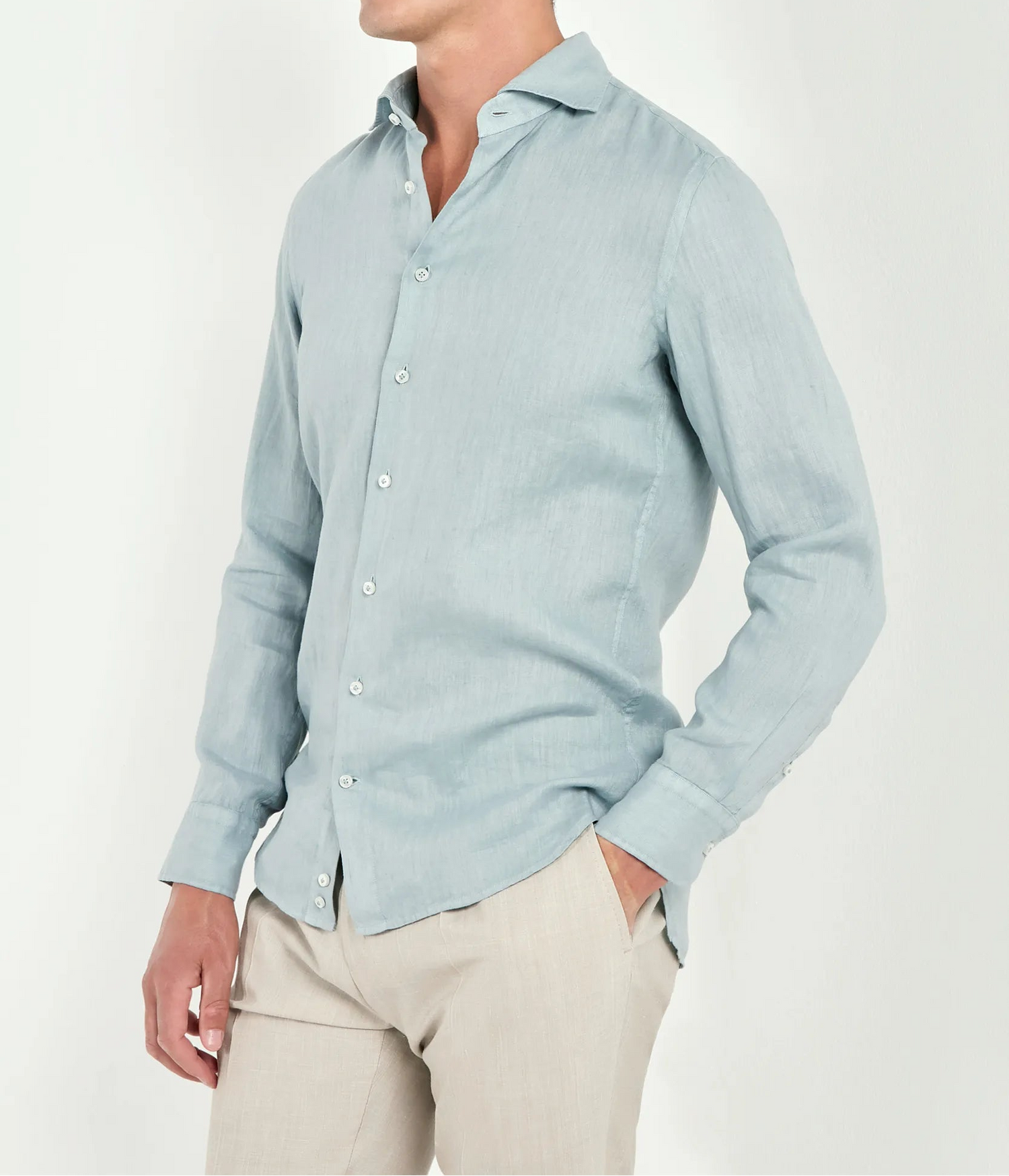 Pini Parma men made in italy light teal garment dyed linen shirt