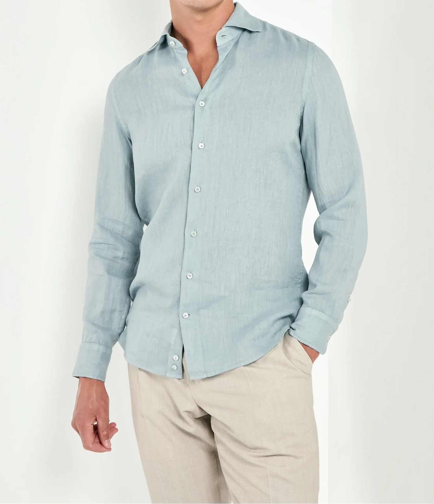 Pini Parma men made in italy light teal garment dyed linen shirt