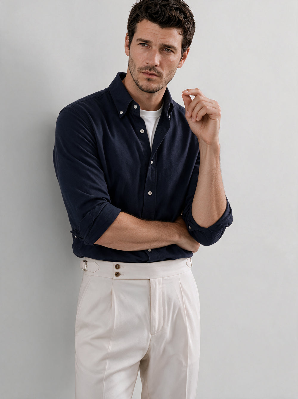 Navy brushed cotton button down shirt - Made In Italy