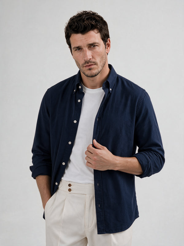 Navy brushed cotton button down shirt - Made In Italy