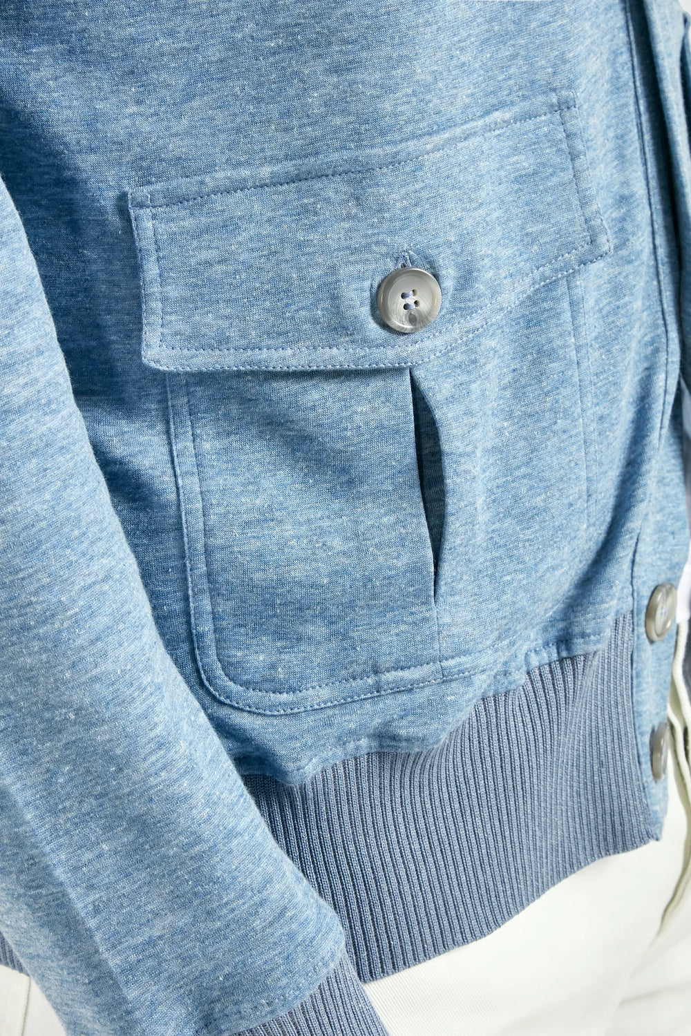 Close-up of a blue sweater with a pocket and button detail.