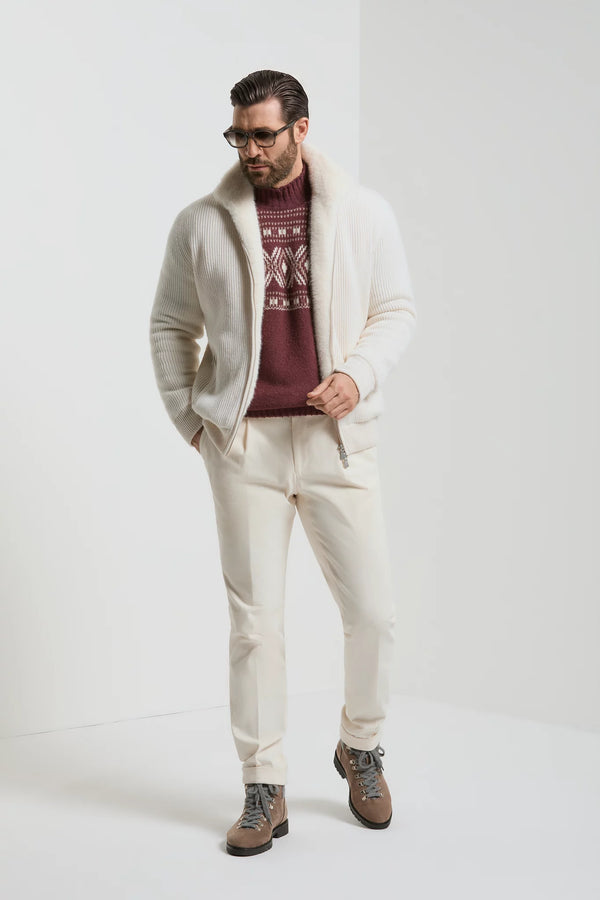 Pini Parma made in Italy men off white cashmere knittet bomber fur winter outwear