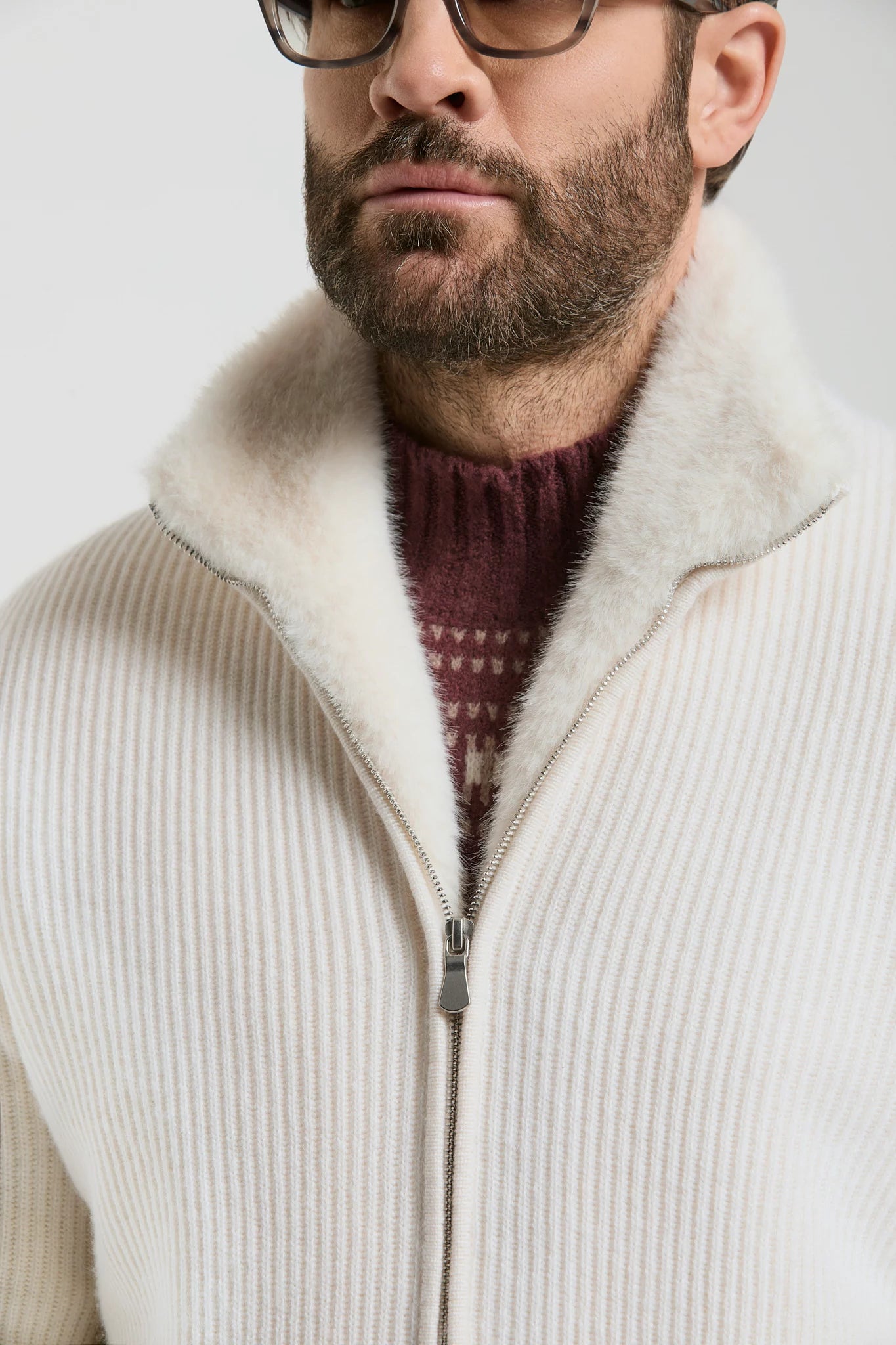 Pini Parma made in Italy men off white cashmere knittet bomber fur winter outwear