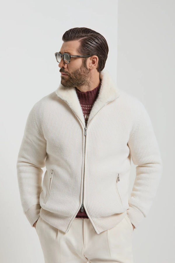 Pini Parma made in Italy men off white cashmere knittet bomber fur winter outwear