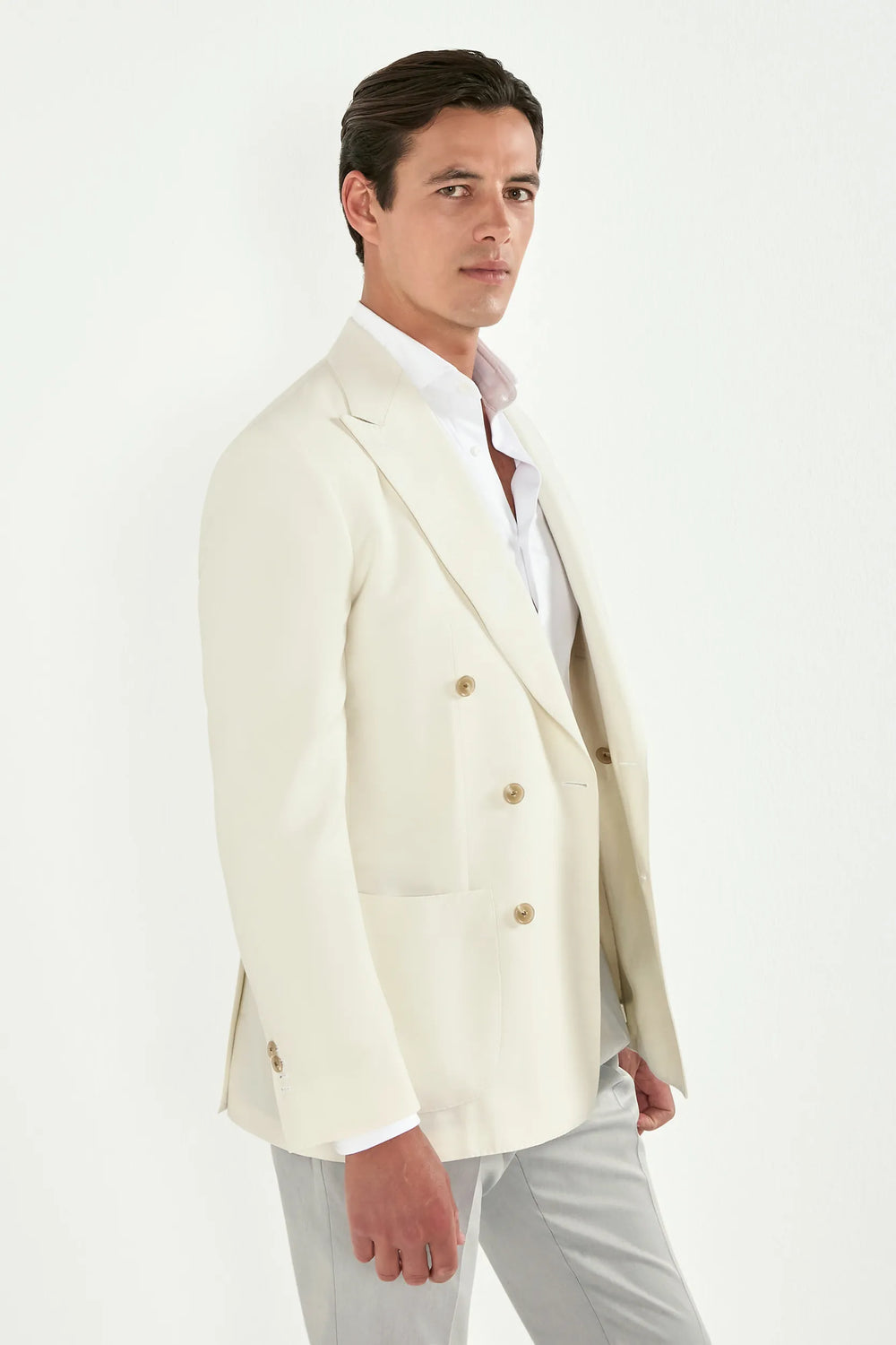 Men Pini Parma off-white double breasted jacket made in italy in wool, silk and linen 
