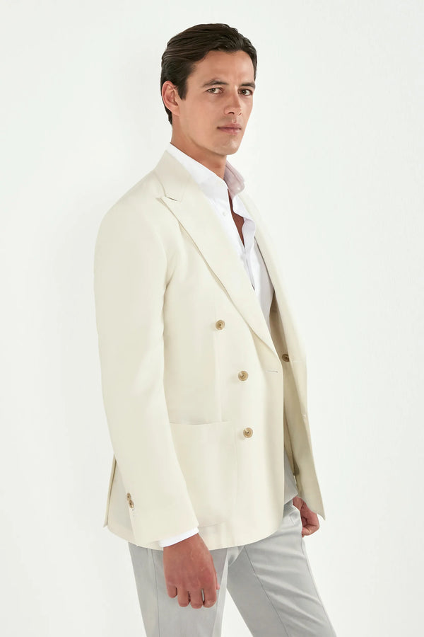 Men Pini Parma off-white double breasted jacket made in italy in wool, silk and linen 