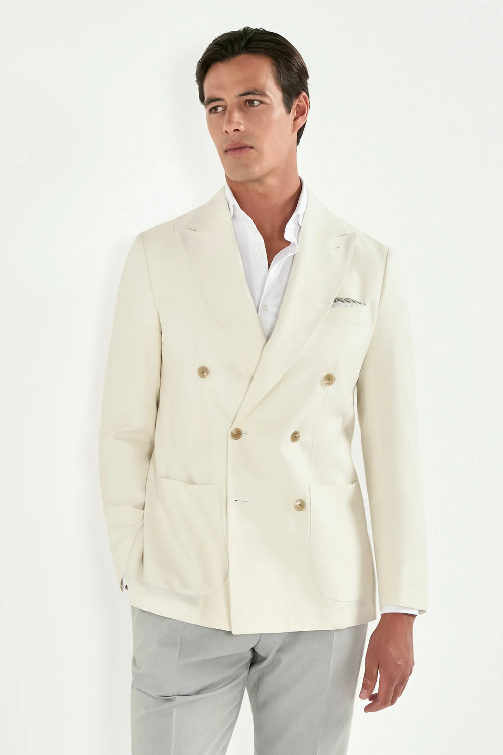 Men Pini Parma off-white double breasted jacket made in italy in wool, silk and linen 