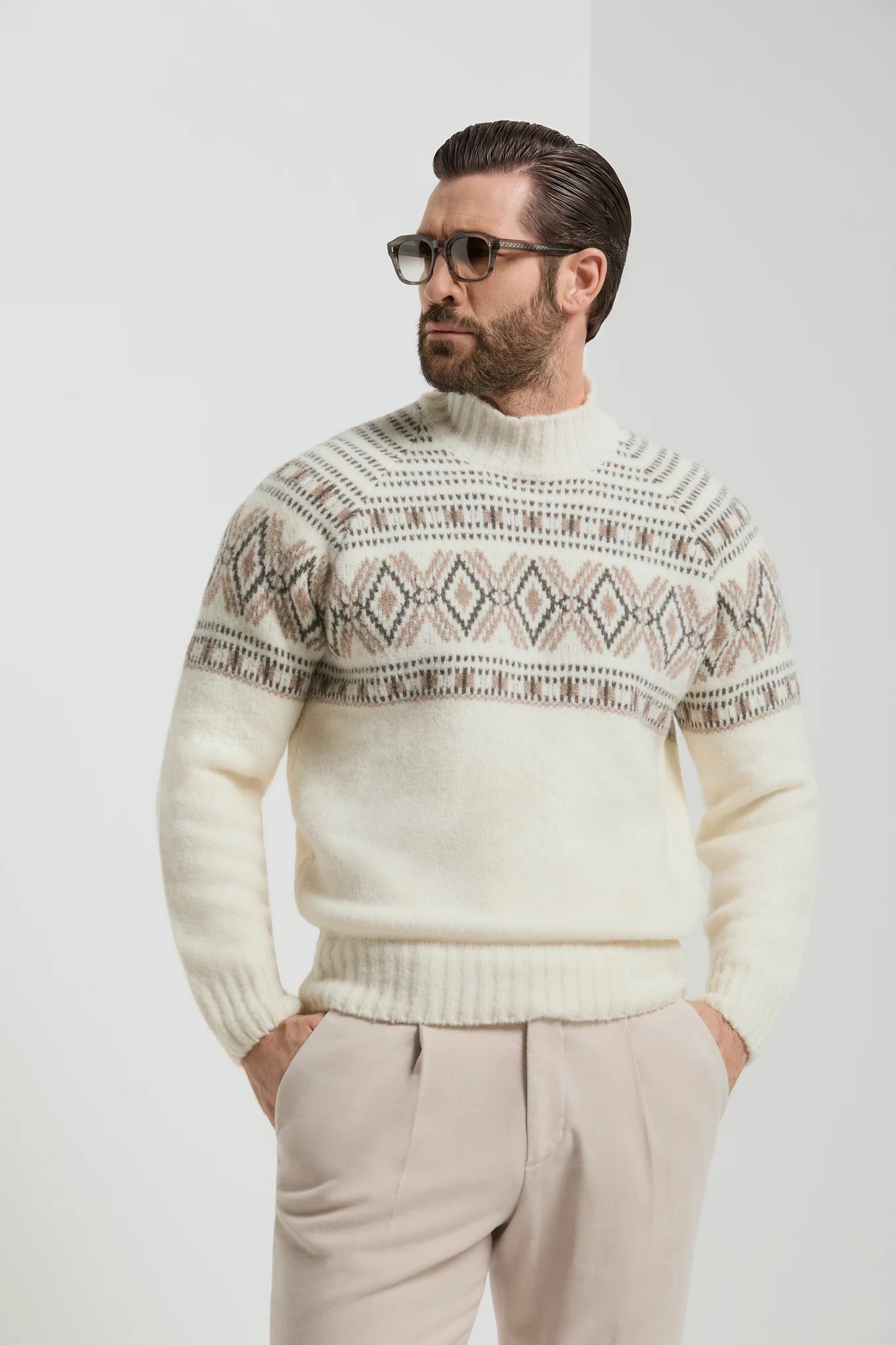Men Pini Parma off-white mock neck made in italy in wool by gran sasso 