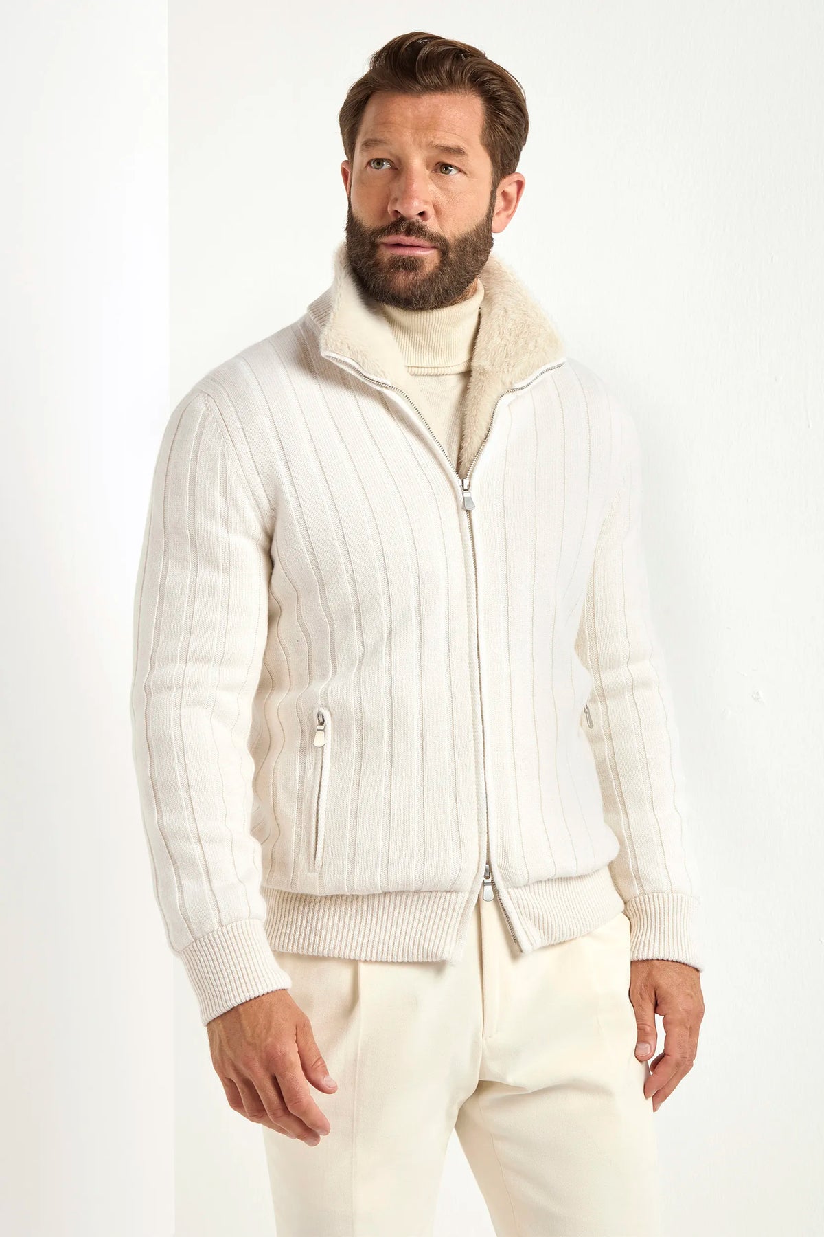off white cashmere bomber, men's ribbed bomber, italian cashmere jacket, off white bomber jacket, luxury men's bomber, elegant men's knitwear, refined ribbed bomber, tailored off white bomber, premium italian bomber, sophisticated men's jacket, timeless italian bomber, upscale men's outerwear, classic off white jacket, italian craftsmanship bomber, premium men's cashmere bomber, refined italian bomber jacket