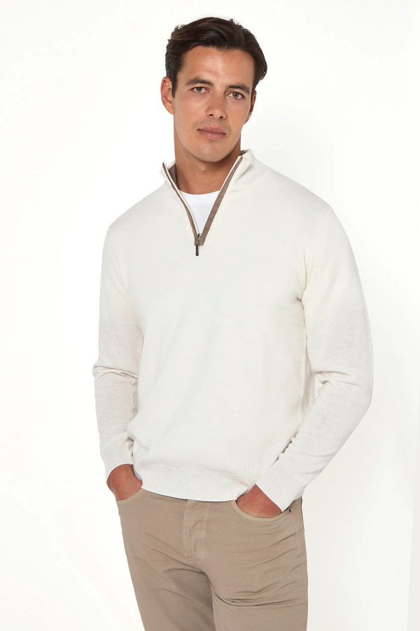 off white half zip sweater, men's cashmere half zip, italian wool half zip, off white zip sweater, luxury men's half zip, elegant men's knitwear, refined wool half zip, tailored off white half zip, premium italian half zip, sophisticated men's zip sweater, timeless italian knitwear, upscale men's half zip, classic off white sweater, italian craftsmanship knitwear, premium men's cashmere zip, refined italian half zip