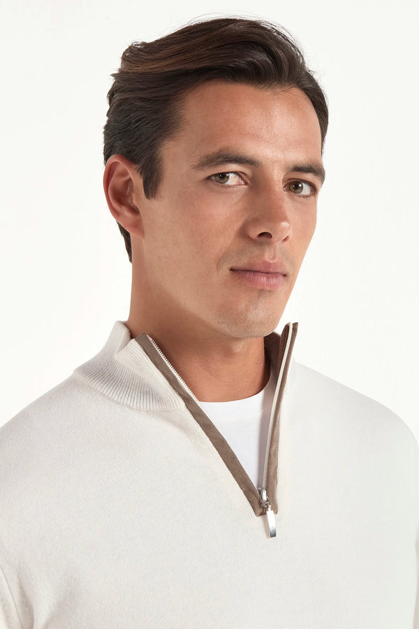 off white half zip sweater, men's cashmere half zip, italian wool half zip, off white zip sweater, luxury men's half zip, elegant men's knitwear, refined wool half zip, tailored off white half zip, premium italian half zip, sophisticated men's zip sweater, timeless italian knitwear, upscale men's half zip, classic off white sweater, italian craftsmanship knitwear, premium men's cashmere zip, refined italian half zip